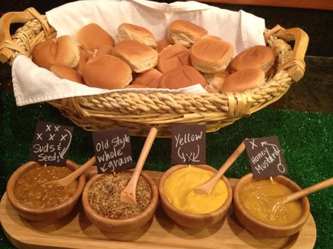 Mustard bar to go with pretzel bites & pulled brisket sliders Brisket Buffet Ideas, Brisket Sliders, Brisket Sandwiches, Mini Food Appetizers, Sandwich Station, Pulled Brisket, Texas Party, Chanukah Party, Brisket Sandwich