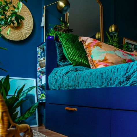 Brimnes Headboard Hack, Brimnes Storage Bed, Ikea Brimnes Hack, Brimnes Headboard, Headboard Hack, Colorful Bedrooms, Bed Handles, Brimnes Bed, Ikea Brimnes