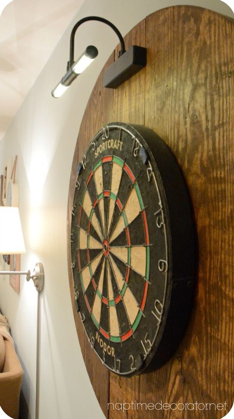 DIY dartboard project How To Hang A Dart Board, Patio Dart Board Ideas, Dart Board Lighting Ideas, Cool Dart Board Ideas, Dart Board Wall Ideas, Dartboard Setup, Dartboard Light, Dart Board Wall, Pool Table Room