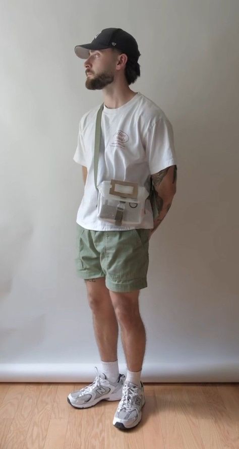 Mens Style 2023 Summer, Men’s Summer Outfits Granola, Shorts Outfits Men Aesthetic, Retro Summer Outfits Men, Mens Granola Style Summer, Hiking Aesthetic Outfit Men, Men’s Outfits With Shorts, Summer Outfits Men Shorts Street Styles, Granola Guy Style Summer