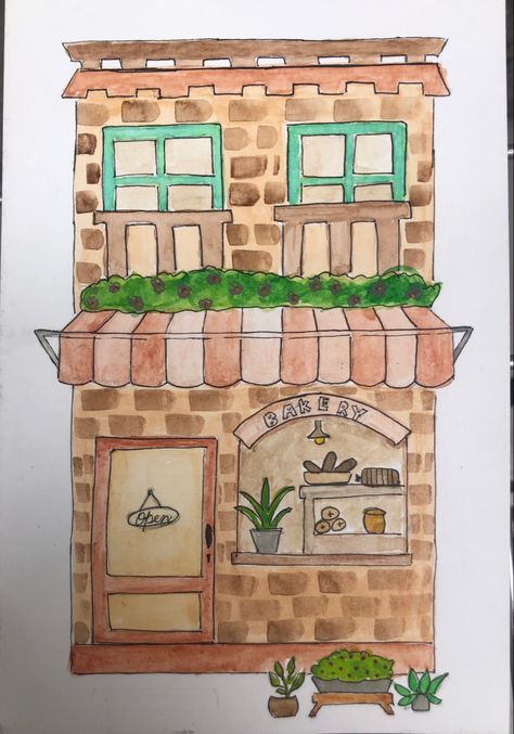 Watercolor painting #aesthetic #watercolor #art #urbansketch #watercolorbeginner #illustration #sketch #diy #easy Cottage Watercolor Painting Easy, Bakery Drawing Easy, Bakery Shop Drawing, Painting Aesthetic Watercolor, Watercolor Painting Aesthetic, Aesthetic Watercolor Art, Old Bakery, Art Markers Drawing, Aesthetic Watercolor