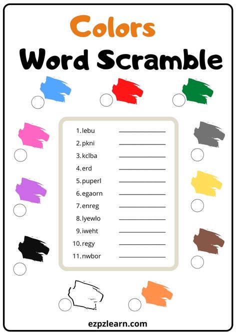 Colors Word Scramble 2 Esl Colors Worksheets, Unscramble Words Worksheets, Fun English Games, Kindergarten Esl, Holiday Word Search, Speaking Cards, Color Worksheet, Esl Learning, Phonics Reading Passages