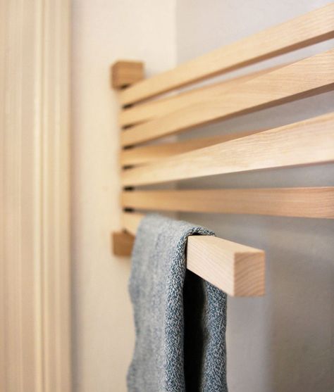 wall hanging rack PAVO • Frau Caze Towel Rack Bathroom Hanging Ideas, Bathroom Towel Hanging Ideas, Wood Towel Rack, Loft Inspiration, Hanging Wardrobe, Open Plan Kitchen Living Room, Side Design, Towel Rack Bathroom, Coat Rack Wall