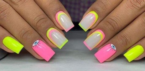 Neon Short Nails, Color Block Nails, Summer Nails 2023, Fancy Nail Art, Nails Art Designs, Drip Nails, Vibrant Nails, Nails 2023, Pink Acrylic Nails