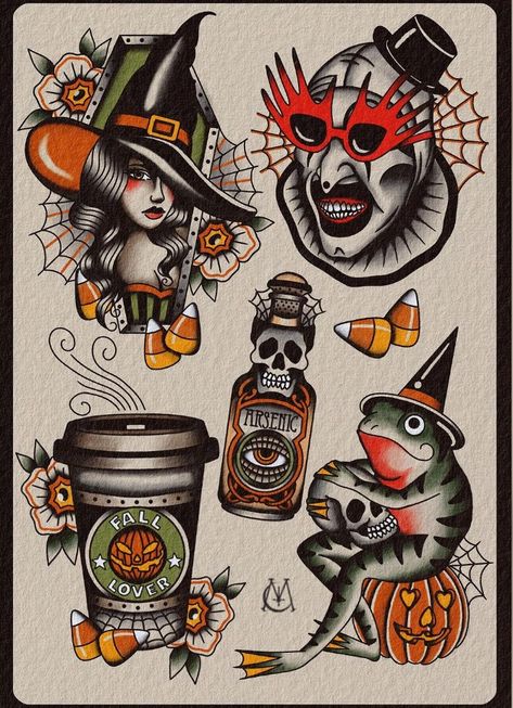 Pumpkin Trad Tattoo, American Traditional Tattoos Horror, Neo Trad Halloween Tattoo, Traditional Style Horror Tattoo, Trad Halloween Flash, Spooky Tattoos Traditional, Female Reaper Tattoo, Halloween Traditional Tattoo Flash, Horror Knee Tattoo