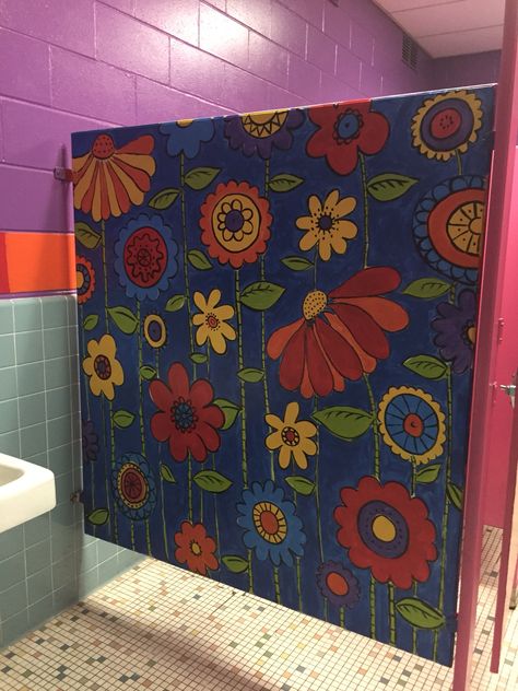 School Bathroom Murals, Youth Bathroom Ideas, School Bathroom Painting Ideas, Bathroom Stall Art, School Bathroom Ideas, School Bathroom Makeover, Bathroom Murals, Work Bathroom, School Restroom