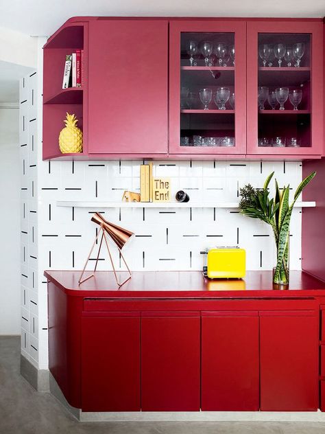 red kitchen cabinets Contact Paper Kitchen Cabinets, Red Cabinet, Red Kitchen Cabinets, Maximalist Kitchen, White Upper Cabinets, Paint Color Combos, Yellow Cabinets, Painted Kitchen Cabinets Colors, Craftsman Kitchen