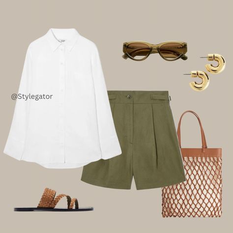 With summer in full swing, it's essential to refresh your wardrobe with fashionable and comfortable pieces that embrace the season. In today's blog post, we'll dive into an incredible outfit that perfectly blends the classic allure of an oversized white linen shirt with the relaxed vibes of green khaki linen shorts. Enhancing the ensemble with stylish accessories such as sunglasses, gold hoops, plaited sandals, and a Braided Leather Tote, this look effortlessly exudes sophistication and ease. Oversized White Linen Shirt, Spring Summer Capsule Wardrobe, Olive Pants, White Linen Shirt, What To Wear Today, Summer Capsule Wardrobe, Minimal Outfit, Neutral Outfit, Neutral Fashion