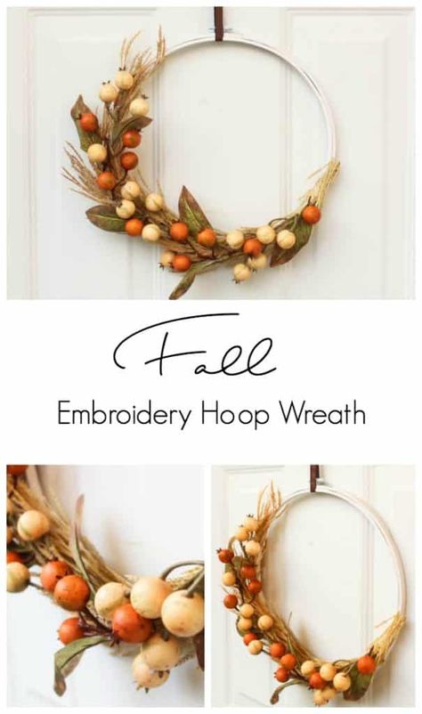 Fall embroidery hoop wreath tutorial Embroidery Hoop Wreath, Film Decor, Cheap Fall Decor, Cheap Fall, Fall Decoration, Decoration Idea, Mason Jar Diy, Mason Jar Crafts, Fall Decor Diy