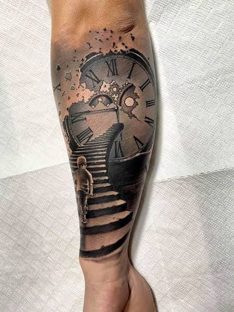 Stairs Tattoo, Europe Tattoo, Stairway To Heaven Tattoo, Date Tattoo Ideas, Nautical Tattoo Sleeve, Date Tattoo, Family Tattoos For Men, Shoulder Cap Tattoo, Mayan Tattoos