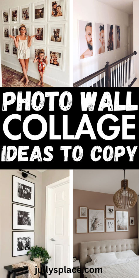 Photo wall collage ideas Modern Picture Collage Wall, Simple Picture Collage Wall, Ideas For Photo Wall, Large Photo Collage Wall, Unique Photo Wall Ideas, Photo Collage Wallpaper Ideas, Wall Picture Collage Ideas Aesthetic, Photo Canvas Wall Ideas, Bedroom Wedding Photo Display