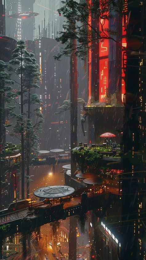 Solarpunk City At Night, Cyberpunk Nature Aesthetic, Space Megastructures, Cyberpunk Wallpaper Desktop, Cyberpunk City Aesthetic, Cyberpunk City Art, Space Cyberpunk, Solarpunk Aesthetic, Cyberpunk World