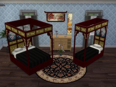 Mod The Sims - UPDATED BEDS - Asian Collection Part 2 Japanese Inspired Painting, Sims 4 Cc Objects, Chinese Bed, Asian Sims, Sims4 Build, Chinese Bedroom, Asian Bedroom, Gold Comforter, Red Comforter