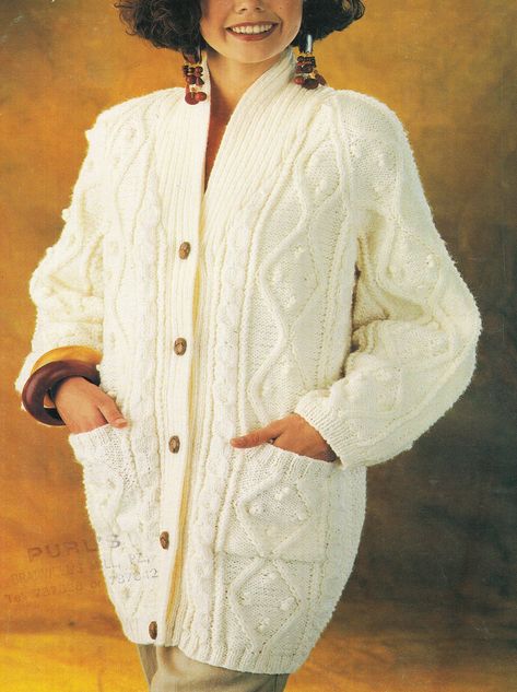 Women's, Ladies,  Cable Aran Coat, Aran/ 10 Ply wool-Instant Download PDF, Knitting Pattern See Images for further information I sell both UK and US Patterns, I don't state in each listing if the listing has US or UK terminology however I do include a PDF of Conversion Charts ALL PATTERNS ARE IN ENGLISH ONLY-PLEASE BE AWARE OF THIS Aran Sweater Cardigan, Aran Knitting, Knitting Patterns Boys, Aran Knitting Patterns, Cable Knitting Patterns, Crochet Cardigan Sweater, Knit Coat, Jumper Knitting Pattern, Cable Cardigan