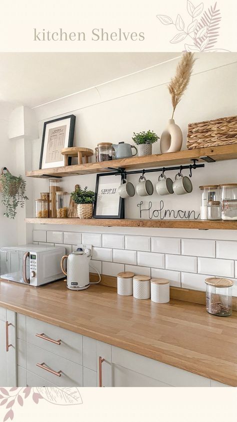 Oak Shelves Kitchen, Kitchen Floating Shelves, Tiny Kitchen Design, Galley Kitchen Design, Japandi Home, Open Plan Kitchen Dining, White Kitchen Decor, Open Kitchen Shelves, Kitchen Transformation