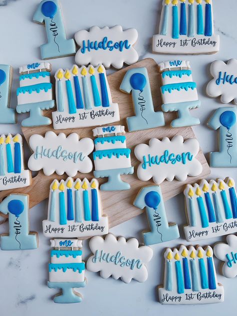 1st Birthday Cookies Boy, One Cookies 1st Birthdays, First Birthday Cookies Boy, Corporate Anniversary, First Birthday Cookies, Cookie Sticks, Fondant Cookies, Baby Boy 1st Birthday, Happy 1st Birthdays