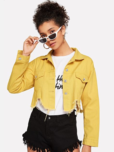 Raw Hem Crop Denim Jacket -SheIn(Sheinside) Yellow Denim Jacket, Crop Denim Jacket, Demin Jacket, Yellow Denim, Jacket Outfit, Cropped Denim Jacket, Cute Summer Dresses, Yellow Fashion, Denim Jacket Women