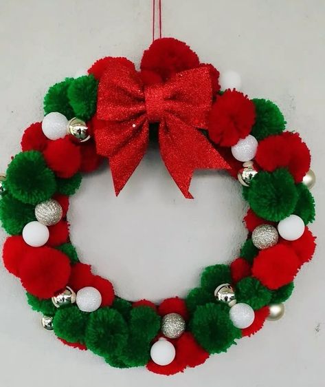 Pompom Christmas Wreath, Christmas Pompom Wreath, Pom Pom Wreath Christmas, Pompon Wreath, Pompom Wreath Christmas, Pom Pom Christmas Wreath, Christmas Pom Pom Wreath, Pom Pom Wreaths, Fashion White Dress