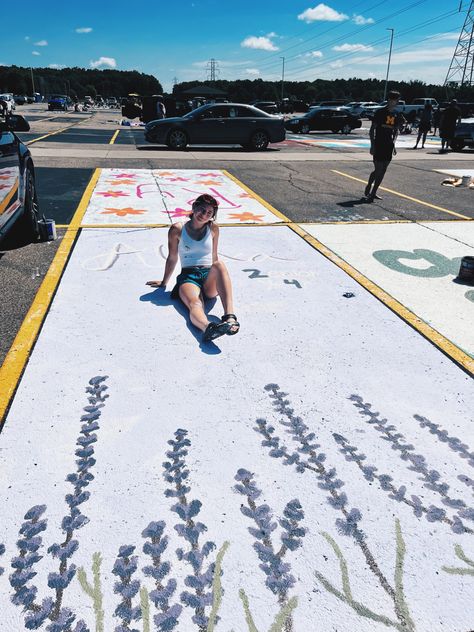 Sports Senior Parking Spot Ideas, Aesthetic Painted Parking Spots, Group Senior Parking Spot Ideas, Retro Senior Parking Spot, Parking Spot Painting High School Sports, Soccer Senior Parking Spots, Boho Senior Parking Spot, Unique Parking Spot Ideas, Senior Parking Space Ideas Best Friends