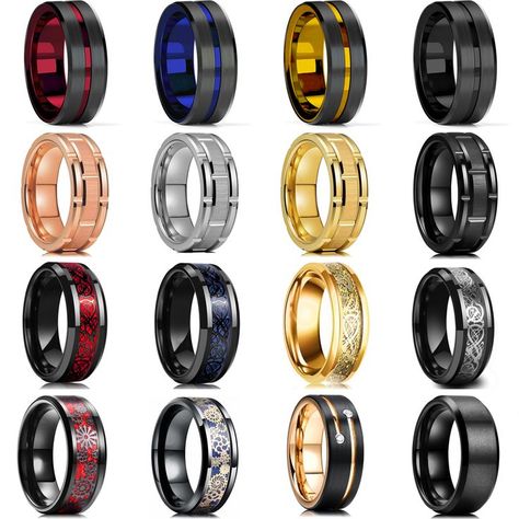 Fashion Men's 8mm Gold Groove Beveled Edge Black Tungsten Wedding Carbon Fiber Ring Punk Gear Wheel Stainless Steel Ring For Men Stainless Steel Wedding Bands, Carbon Fiber Rings, Gear Wheels, Gold Color Ring, Rainbow Rings, Purple Necklace, Vintage Punk, Estilo Hip Hop, Estilo Punk