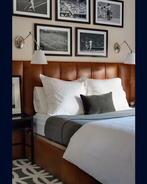 Elizabeth Bolognino on Instagram: “HIT || A Bedroom I designed for a #Yankees fan who loves Interior Design almost as much as #baseball (but may not admit it). ⚾️ 🦊” Bachelor Bedroom Ideas, Bachelor Bedroom, Masculine Bedroom Design, Masculine Bedroom, Leather Headboard, Diy Headboard, Bedroom Decorating Ideas, Design Apartment, Leather Bed