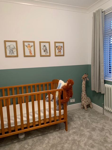 Half And Half Painted Walls Nursery, Two Tone Wall Nursery, Two Tone Nursery Walls, Half Wall Nursery, Two Tone Nursery, Half And Half Wall, Chair Rail Paint Ideas, Nursery Room Colors, Half Painted Walls