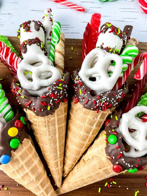 How To Make Christmas Charcuterie Cones - Torrie Made It™ Grinchmas Food, Chocolate Pretzels Sticks, Charcuterie Cones, Snack Boards, Holiday Snack, Christmas Charcuterie, Candy Pop, Cone Christmas Trees, Snack Board