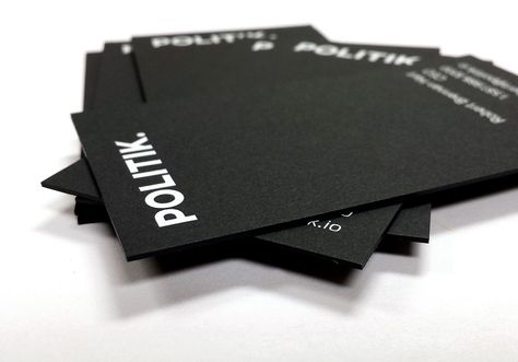 POLITIK-Black Business Cards, White foil, 700gsm Black Paper, 34pt Thickness, www.finoprint.com White Business Card Design, Black Business Cards, White Foil, White Business Card, Black Business Card, Business Card Inspiration, Spot Uv, Business Stationery, Printing Business Cards