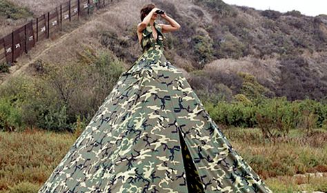 Non-Fabric Dresses at WomansDay.com - Dresses Made of Unusual Materials - Woman's Day Weird Prom Dress, Camo Wedding Dress, Camping Attire, Project Runway Dresses, Wearable Architecture, Worst Wedding Dress, Camo Wedding Dresses, Crazy Dresses, Wedding Dresses Images