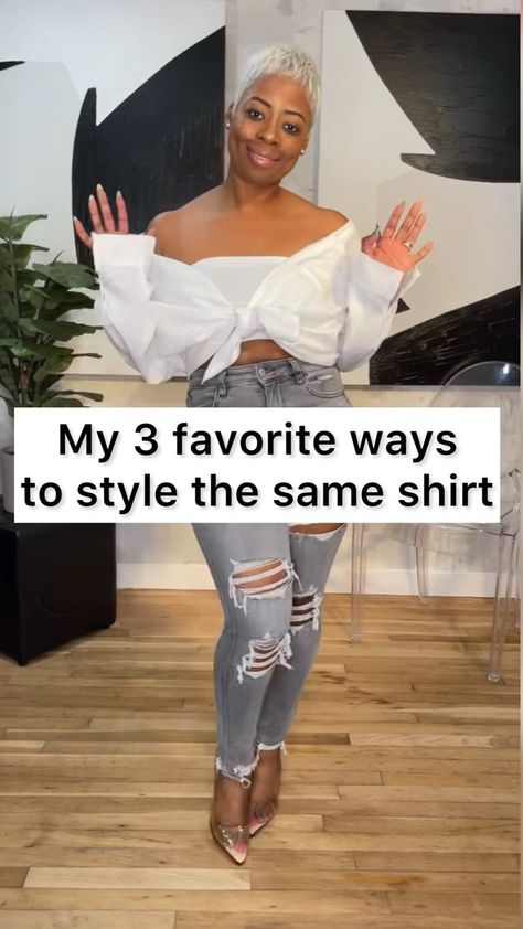 stylebymsingleton on Instagram: Style 1 - Reverse button up -This super cute style is great for the office , church and/or dinner. Just accessorize and keep it cute!… How To Style Man Shirt For Women, Style Mens Button Up Women, Long White Shirt Outfit, Dinner Night Outfit, Diy Outfits, Effortless Look, Shirt Hacks, Women Suits, Button Shirts