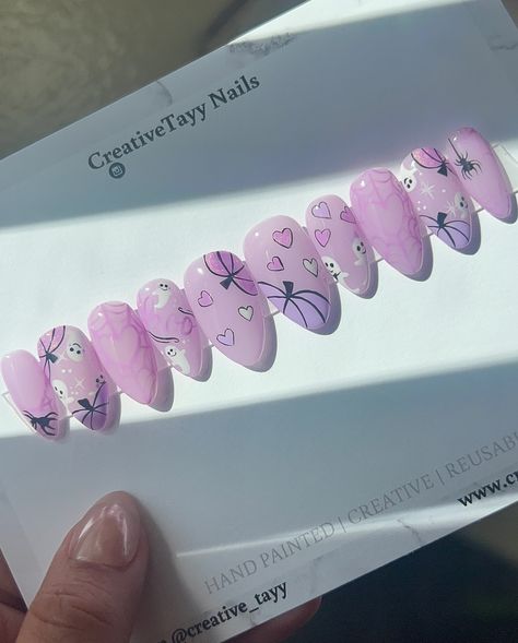 Lilac spooky nails💜🎃🕸️💅🏻 this is part 2 of my customers order on her fav shape, medium almond. The original inspo was all in pink but she wanted to change it to purple tones and I’m even more obsessed with this version! DM to get your very own Halloween nails delivered to you🫶🏻 Products used: @apresnailofficial medium almond, @dndgel DC 118, 247, @beetlesgelpolish @beetles_community d892, @by.chloenails glossy top coat #halloweennails #spookynails #pressonnailset #ghostnails #pumpkinnails... Tones And I, Spooky Nails, Medium Almond, Pumpkin Nails, Purple Tones, Beetles, Halloween Nails, Top Coat, Art Designs