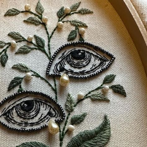 TwoMushrooms on Instagram: "Bloom -current #wip  🍄💀🍄 #sacredheart #sacredheartart #allseeingeye #evileye #loverseye #saintlucia #saintlucy #medievalart #medievalinspired #medieval #symbols #symbolism #beadedart #gothicart #gothicaesthestic #witchart #embroidery #embroideryart #embroideryartist #handembroidery #handembroideryart #twomushrooms" Witchy Embroidery Ideas, Occult Embroidery, Embroidery Witchy, Cool Embroidery Ideas, Pagan Embroidery, Cool Embroidery Designs, Easy Embroidery Designs, Edgy Embroidery, Magical Embroidery