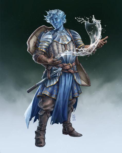 Peace Domain Cleric, Water Cleric, Water Genasi Male, Water Genasi, Dnd Cleric, Character Commission, Dnd Races, Dungeons And Dragons Classes, Laser Art