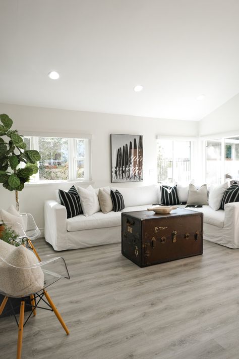 Grey Wood Floors Living Room, Gray Vinyl Plank Flooring, Restoration Hardware Cloud Sofa, White Modern Living Room, Grey Flooring Living Room, Restoration Hardware Cloud, Modern White Living Room, Modern Living Room Set, Clear Chairs