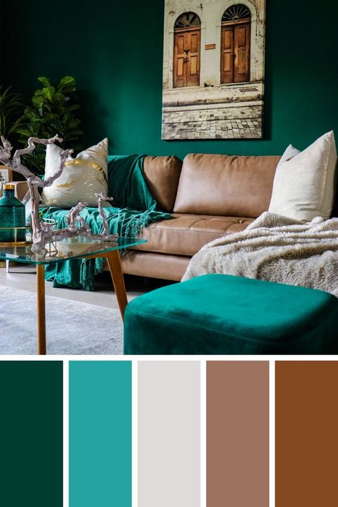 Emerald green is a wonderful contrast color for the brown leather sofa in a living room. This color combination creates a warm, elegant and cozy space. Save this idea to your collection and follow me for more inspo! Emerald Green Couch, Sofa Colour Combinations, Emerald Green Living Room, Brown Couch Decor, Brown Leather Sofa Living Room, Emerald Green Sofa, Color Verde Esmeralda, Green Couch Living Room, Leather Sofa Living