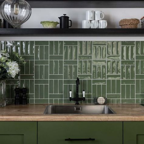 Green Tiles Kitchen, Green Kitchen Backsplash, Brick Tile Wall, Green Tile Backsplash, Living Room Marble, Green Kitchen Designs, Green Backsplash, Green Tiles, Metro Tiles