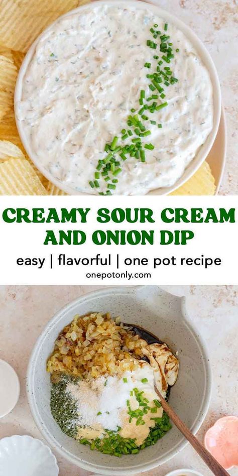 This sour cream and onion dip is so irresistible and shockingly easy to make with only a handful of ingredients! This creamy dip goes well with everything from chips, vegetables, bread, and more!  Inspired by my all-time favorite chip flavor, Ruffles Sour Cream and Onion, this sour cream and onion dip will have you drooling. It's so easy to make and it's always a crowd-pleaser. Make it for game day, a dip party, or just for yourself to enjoy! Sour Cream And Onion Dip Recipe, Sour Cream Chip Dip, Sour Cream And Onion Dip, Easy Chip Dip, Dip Party, Chip Dip Recipes, Caramelized Onion Dip, Sour Cream Dip, Creamy Dip