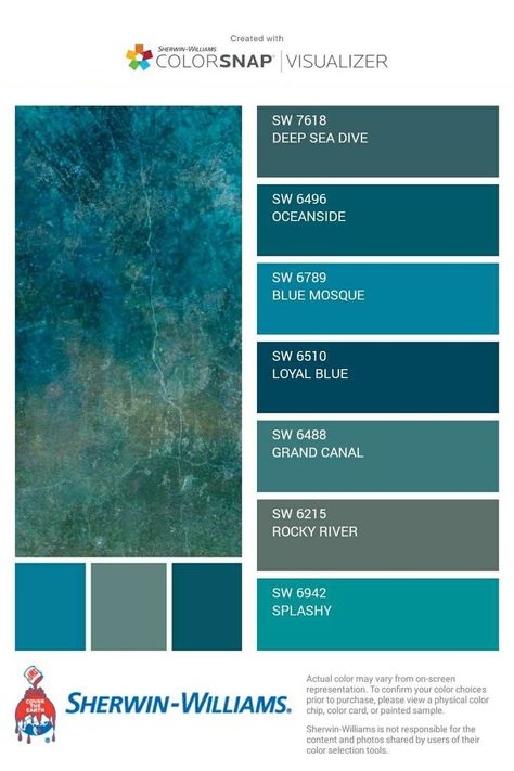 Teal Painted Room Ideas, Sw Turquoise Paint Colors, Deep Sea Dive Color Palette, Color Combinations With Teal Blue, Deep Sea Blue Color, Peacock Colors Bedroom, Behr White Wax, Teal Colors Palette, Deep Turquoise Color Palette