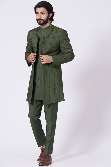 Featuring an olive jacket in slub silk base with floral embroidery. It is paired with matching tapered pants and a kurta.  FIT: True to size. COMPOSITION: Slub silk. CARE: Dry clean only. Jatin Malik, Designer Jackets For Men, Olive Jacket, Indian Fashion Designers, Pernia Pop Up Shop, Tapered Pants, Embroidered Jacket, Kurta Set, Jacket Design