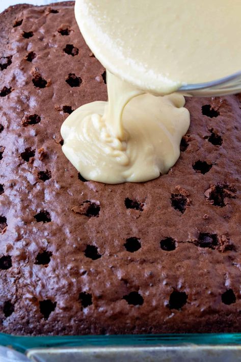 Chocolate Cake With Vanilla Pudding, Baileys Chocolate Poke Cake, Chocolate Poke Cake With Vanilla Pudding, Bailey Cake Recipe, German Chocolate Poke Cake, Better Than Anything Cake, Chocolate Box Cake, Baileys Cake, German Chocolate Cake Recipe