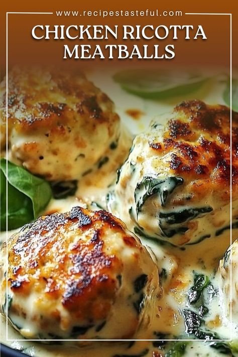 A comforting and creamy pasta dish with tender chicken ricotta meatballs in a rich spinach Alfredo sauce. Perfect for a cozy meal! Chicken Meatballs With Spinach, Chicken Ricotta Meatballs Recipe, Chicken Ricotta Meatballs With Spinach, Chicken Meatball Pasta, Chicken Ricotta Meatballs, Spinach Alfredo Sauce, Meatballs With Spinach, Chicken Ricotta, Ricotta Meatballs