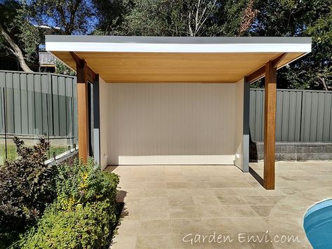 Pool Cabana with beautiful Spotted Gum Posts and Beams, walls and ceiling have all hidden fixings. Simple Pool Cabana, Cabana Ideas Backyard Poolside, Cabana Ideas Backyard, Cedar Ceiling, Decks Around Pools, Simple Pool, Pool Cabanas, Poolside Cabana, Pergola Diy