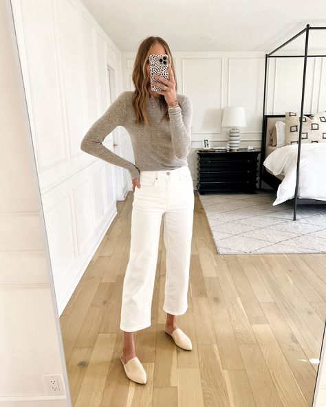 Fashion Jackson Wearing Long Sleeve Grey Tee Madewell White Jeans Jenni Kayne Beige Mules Spring Outfit, White jeans womens outfit, white jeans spring outfit, spring mules outfit, spring shoes outfit Mules Outfit Spring, White Jeans Spring Outfit, Mule Outfits Women, White Mules Outfit, Beige Shoes Outfit, Jeans Spring Outfit, White Jeans Outfit Spring, White Jeans Outfit Winter, White Jeans Spring