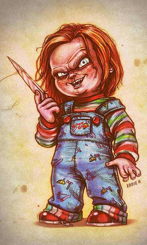 CHUCKY CHILDS PLAY Chucky Drawing, Chucky Tattoo, Chucky Horror Movie, Childs Play Chucky, Doll Drawing, Chucky Doll, Horror Icons, 80s Cartoons, Guy Drawing