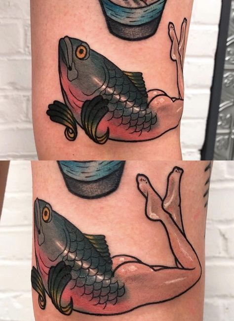 Reverse Mermaid, Mermaid Tattoo Meaning, Traditional Mermaid Tattoos, Colored Tattoos, Traditional Tattoo Inspiration, Tattoo Test, Traditional Ink, Mermaid Tattoo, Mermaid Tattoos