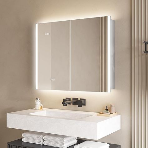 Bathroom Medicine Cabinet Mirror, Mirror Interior Design, Lighted Medicine Cabinet, Sleek Storage, Wall Mounted Cabinet, Led Bathroom, Storage Mirror, Touch Switch, Medicine Cabinet Mirror