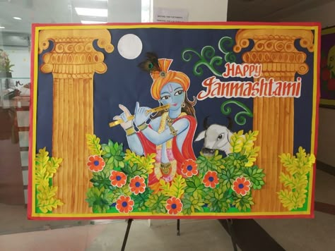 Display board on janmashtami Janmashtmi Board Decoration, Krishna Janmashtami Board Decoration, Janamashtmi Drawing Ideas, Teej Festival Board Decoration In School, Janmashtami Display Board, Janmashtami Board Decoration Ideas For School, Janmashtami Chart For School, Janmashtami Bulletin Board Ideas, Janmastami Decorations At School