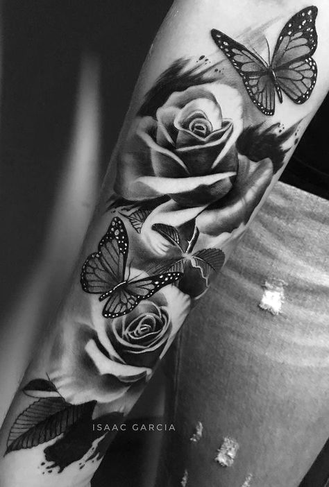 Tattoos For Women Sleeve, Tattoos For Women Cute, Butterfly Sleeve Tattoo, Butterfly Tattoos Images, Rose And Butterfly Tattoo, Butterfly With Flowers Tattoo, Arm Sleeve Tattoos For Women, Rose Tattoo Sleeve, Rose Tattoos For Men