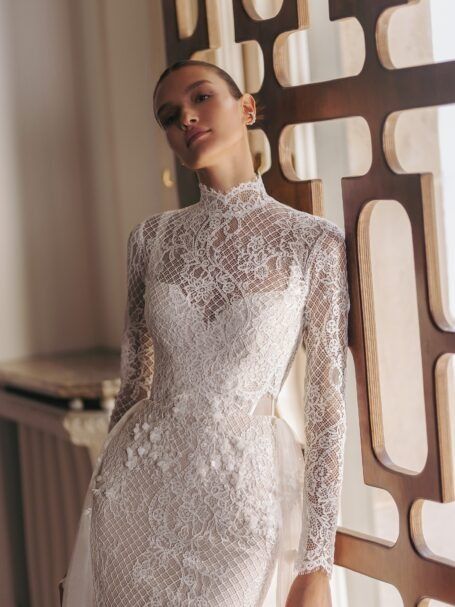 Fitted wedding dress with overskirt at WONÁ Bridal NYC Bolero Wedding Dress, Guipure Lace Wedding Dress, Wedding Dress Bolero, Voluminous Layers, Wona Concept, Tailored Wedding Dress, Chic Bridal Gown, Eva Lendel, Wedding Dress Buttons