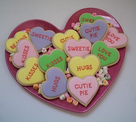 Conversation Heart Cookies Conversation Hearts Crafts, Fundraiser Ideas, Conversation Hearts, Candy Hearts, Valentines Day Treats, Heart Cookies, Valentine Candy, Valentine Cookies, Converse With Heart